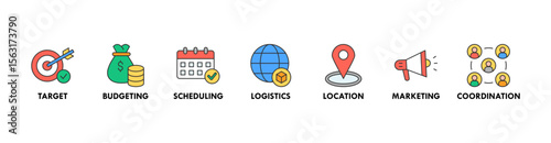 Event management banner web icon vector illustration concept with icon of target, budgeting, scheduling, logistics, location, marketing, and coordination