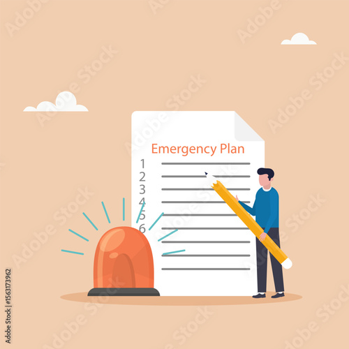 Emergency action plan, character holding pencil standing next to siren and paper with list of action plans. Vector illustration.	