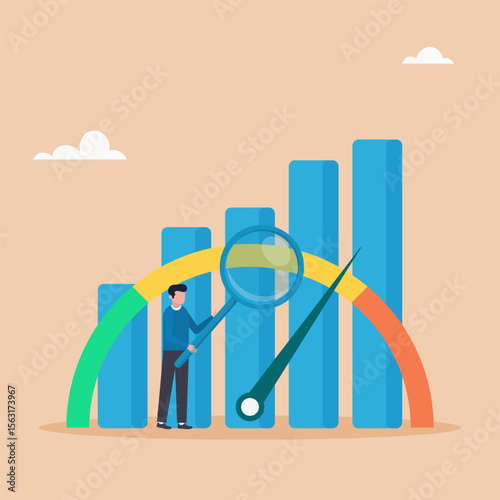 Analysis or comparison concept, character zooms in on benchmark graph. Metrics or measurements to measure success, evaluate results. Vector illustration.	