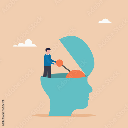 The concept of learning and will turn on at full capacity. Gear shifting on the human brain. Flat vector illustration.	