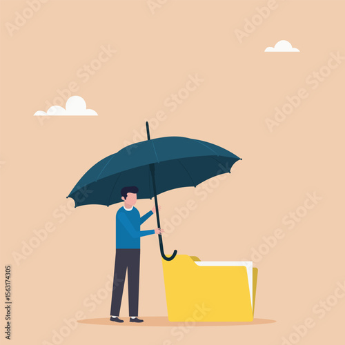 Insurance and protection of savings in times of economic crisis, investments in security. An investor covers a folder with an umbrella. Flat vector illustration	
