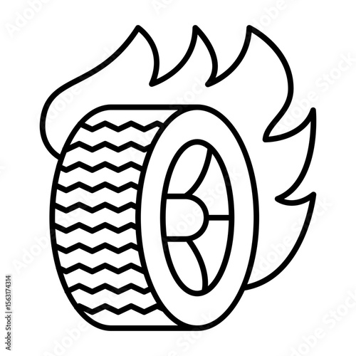 Burning car wheel thin line icon, tires fitting concept. Vector graphics. Tire on fire, rubber waste sign on white background, style mobile or design.