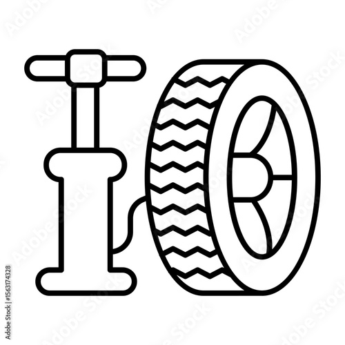 Manual pump and wheel thin line icon, tires fitting concept. Vector graphics. Car tire air inflator, car service sign on white background, style mobile or design.