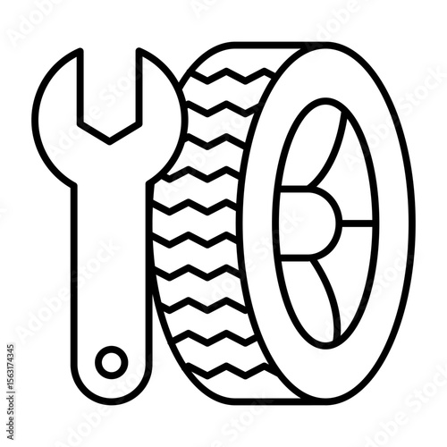 Wrench tool and car wheel thin line icon, tires fitting concept. Vector graphics. Changing wheels, car service sign on white background, style mobile or design.