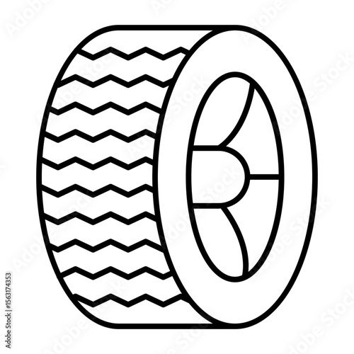 Car wheel with tire thin line icon, tires fitting concept. Vector graphics. Wheel disc with rubber tire, car service sign on white background, style mobile or design.