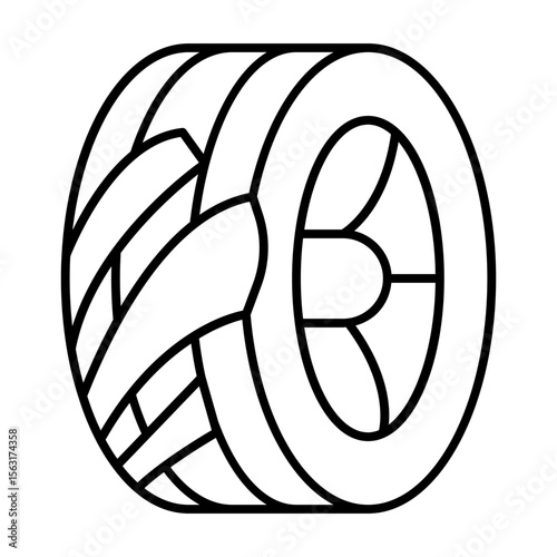 Damaged tire of car wheel thin line icon, tires fitting concept. Vector graphics. Used rubber tire, car service sign on white background, style mobile or design.