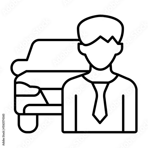 Manager man with new car model thin line icon, automobile sales concept. Vector graphics. Car vehicle and customer sign on white background, style mobile or design.