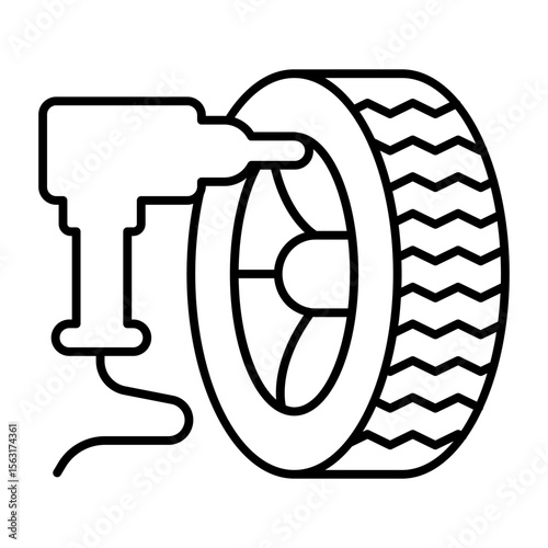Electric screwdriver and car wheel thin line icon, tires fitting concept. Vector graphics. Changing wheels, car service sign on white background, style mobile or design.