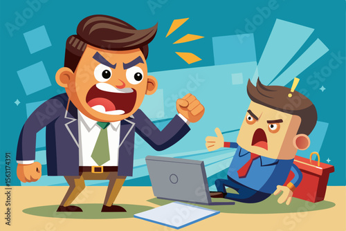Boss character yelling at a worker. Vector illustration depicting workplace conflict, stress, and power dynamics. Ideal for business and office-themed designs.