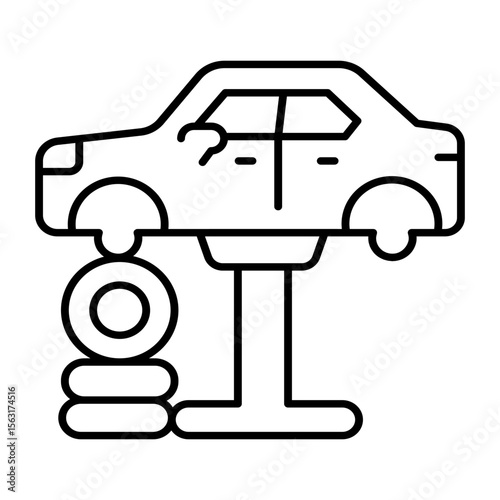 Car vehicle on lift with tires thin line icon, car service concept. Vector graphics. Lift with automobile, chassis repair sign on white background, style mobile or design.