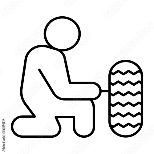 Auto mechanic with car wheel thin line icon, tires fitting concept. Vector graphics. Man changing tire, car service sign on white background, style mobile or design.