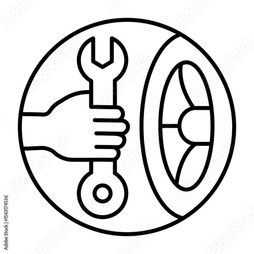 Hand with wrench at car wheel thin line icon, tires fitting concept. Vector graphics. Wheel and spanner in hand, car service sign on white background, style mobile or design.