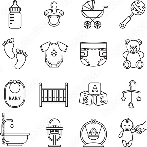 A Collection of baby-related icons in a neat outline style