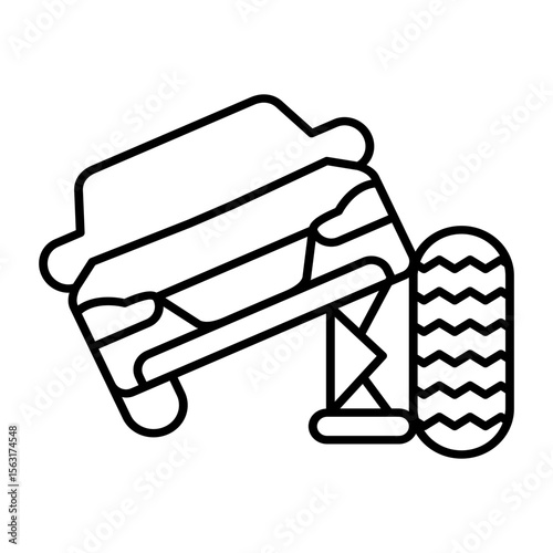 Car vehicle with foldable jack and wheel thin line icon, tires fitting concept. Vector graphics. Spare tire mounting sign on white background, style mobile or design.
