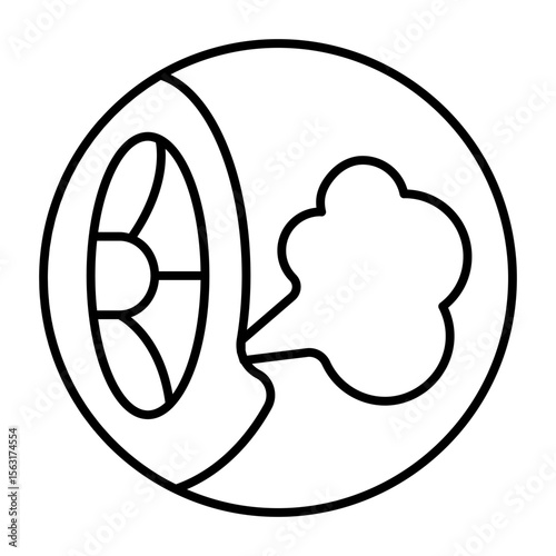 Deflated tire wheel thin line icon, tires fitting concept. Vector graphics. Car wheel puncture with release air cloud sign on white background, style mobile or design.