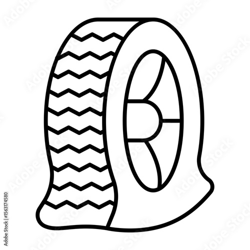 Deflated rubber tire thin line icon, tires fitting concept. Vector graphics. Car wheel with released air sign on white background, style mobile or design.