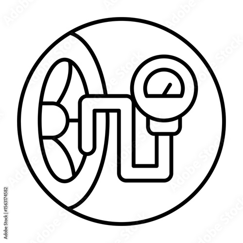 Car tire air pressure gauge thin line icon, tires fitting concept. Vector graphics. Pressure sensor tool and car wheel sign on white background, style mobile or design.