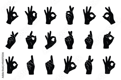 Hand Gesture Silhouette Icon Set – Minimalist Black and White Collection of 20 Expressive Hand Signs
