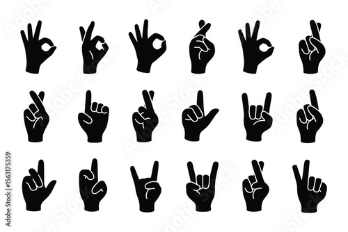 Hand Gesture Silhouette Icon Set – Minimalist Black and White Collection of 20 Expressive Hand Signs
