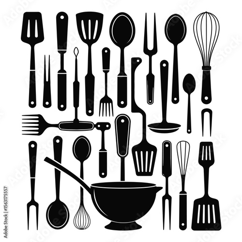 Kitchen Utensil Silhouette Illustration – Black and White Vertical Composition of Cooking Tools
