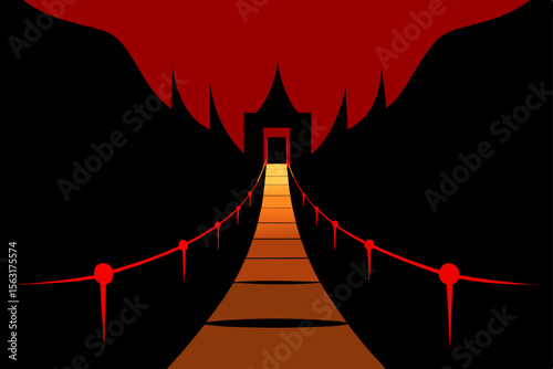Crimson Bridge to Mysterious Gateway A Surreal Landscape Illustration