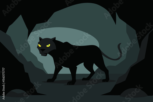 Majestic Black Panther in Dark Cave A Nighttime Wildlife Illustration