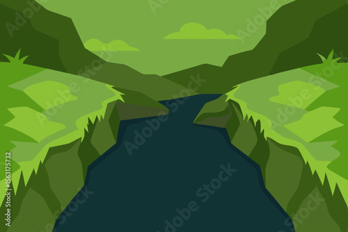 Serene River Gorge A Lush Green Landscape Illustration