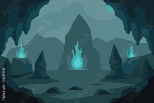 Enigmatic Cave Landscape Mysterious Blue Flames and Ethereal Rocks