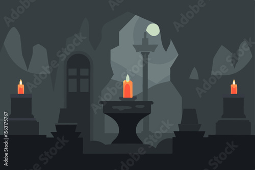 Mysterious Cave Shrine Candles, Moonlight, and Ancient Stone