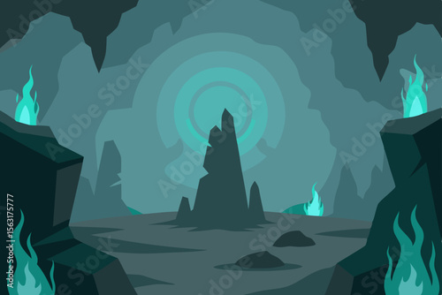 Enigmatic Cave Mysterious Teal Glow and Ethereal Flames