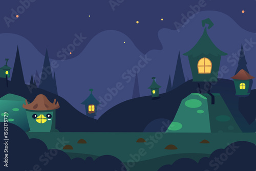 Enchanted Night Whimsical Village nestled in the Hills, under a starry sky