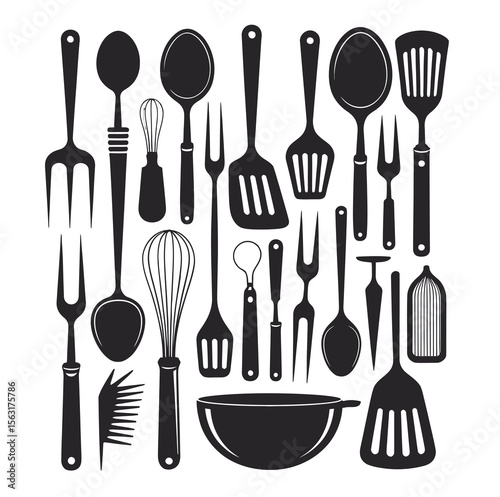 Kitchen Utensil Silhouette Illustration – Black and White Vertical Composition of Cooking Tools
