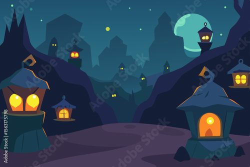 Enchanted Night Landscape Mysterious Mountain Village with Glowing Lanterns