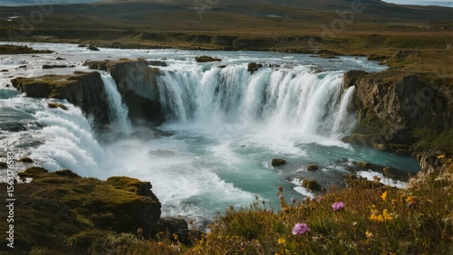 Majestic Waterfall Cascading Over Rocks into a Turquoise Pool Surrounded by Lush Vegetation