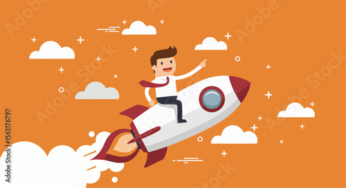 Businessman Riding a Rocket: Startup Success & Rapid Growth. Cheerful businessman riding a soaring rocket, symbolizing startup launch, rapid business growth, and entrepreneurial success.