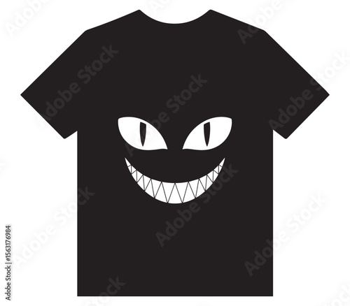 "Cheshire Cat-Inspired Grinning Face with Fangs and Slitted Eyes on Black T-Shirt"