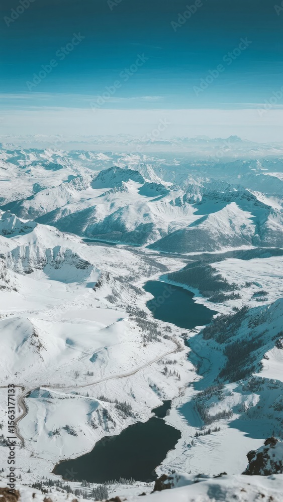 Fototapeta premium Snow-Covered Mountain Range with Winding River and Clear Blue Sky