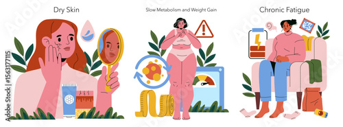 Illustrations of Dry Skin, Weight Gain, and Fatigue