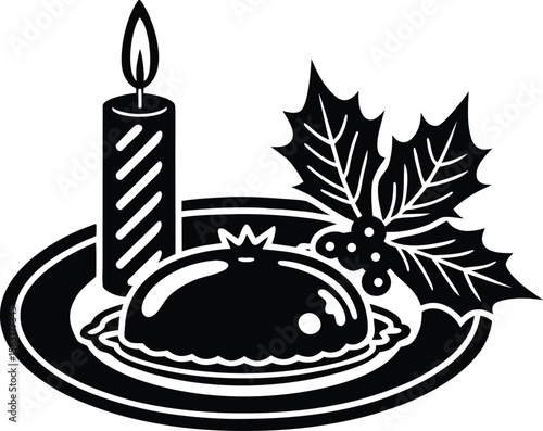 Black and white christmas holiday festive plate with candle holly and pudding illustration.