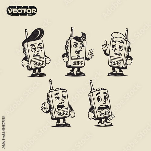 Vintage Walkie Talkie Character Illustrations Retro Communication