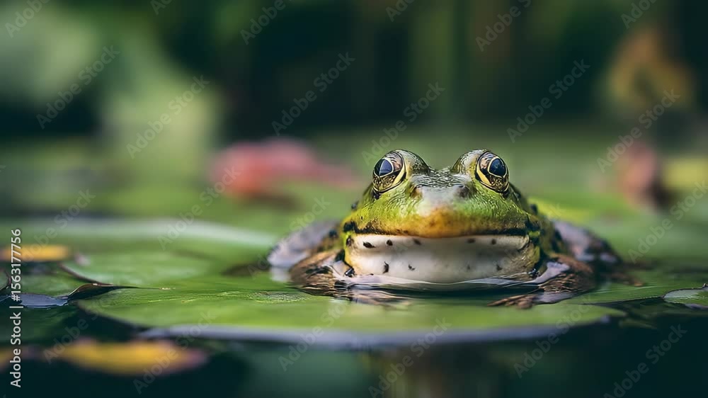 Close-up of a green frog on a lily pad