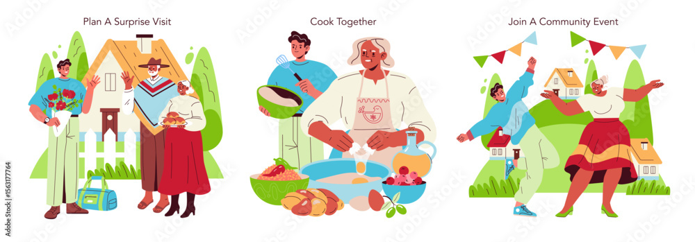Fototapeta premium Family Activities Illustrations of Visit, Cooking, and Event