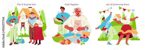 Family Activities Illustrations of Visit, Cooking, and Event