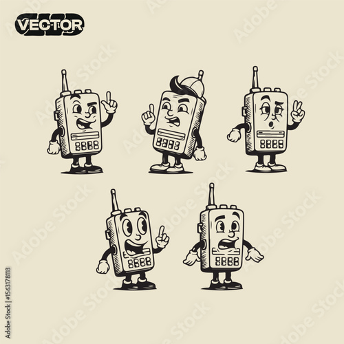 Vintage Walkie Talkie Cartoon Characters Retro Communication Illustrations