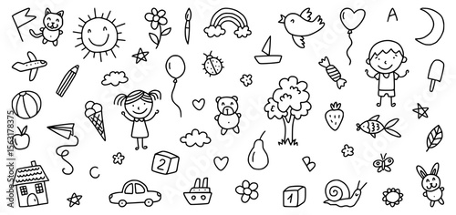 Vector collection of cute kids drawings hand drawn with line art in doodle style