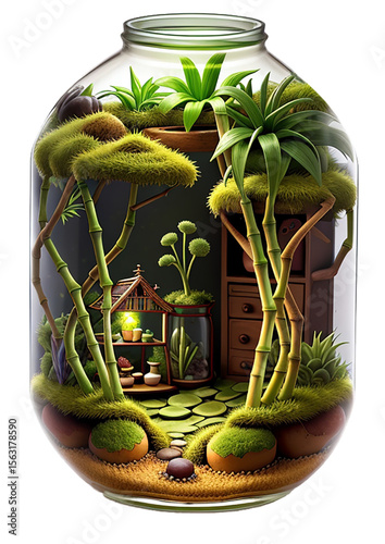AI illustration of the world of moss terrarium plants.	