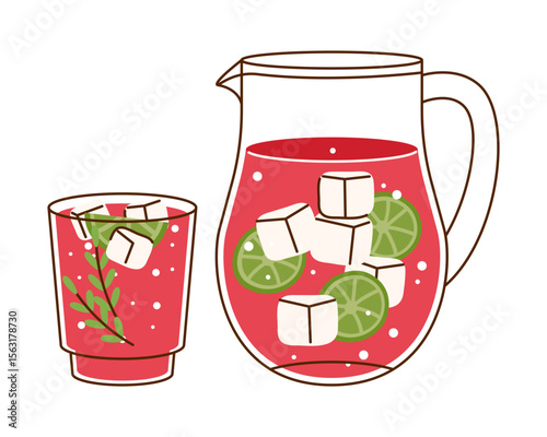 Cold rhubarb lemonade in pitcher, glass with lime slices and ice cubes hand drawn vector icon
