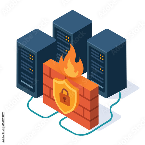 Vector illustration of a firewall system protecting servers, with a shield and fire icon symbolizing network security