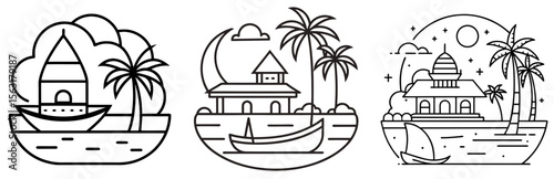 Kerala Backwater Coloring Page - Scenic Nature Line Art Outline for Kids and Adults