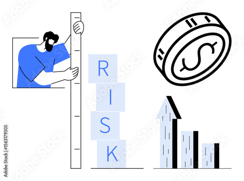 Man measuring risk stacked on blocks, coin with dollar sign, bar graph with arrow showing growth. Ideal for finance analysis, investment, decision-making, forecasting, business, growth strategies
